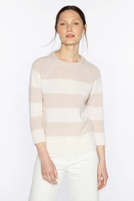 Kinross Cashmere 3/4 Slv Wide Stripe Crew