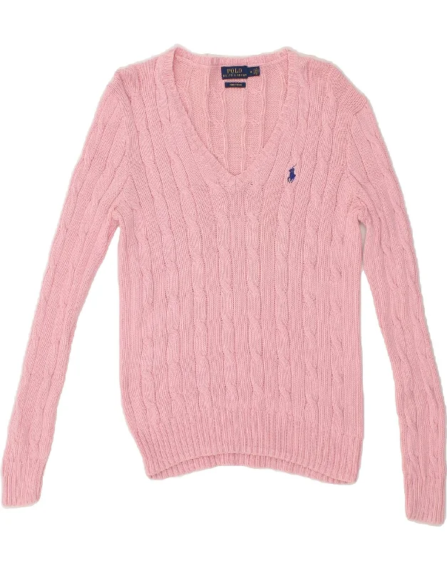 RALPH LAUREN Womens V-Neck Jumper Sweater UK 12 Medium Pink Cotton