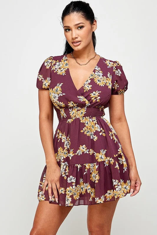 Floral Nipped In Frill Trim Short Sleeve Dress