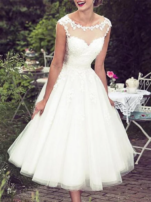 A-Line/Princess Lace Tulle Illusion Neck Sleeveless Tea Length Appliques Wedding Dress Strapless Wedding Gown