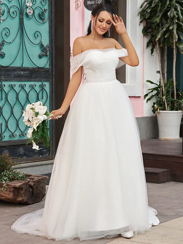 A-Line/Princess Tulle Ruffles Off-the-Shoulder Sleeveless Sweep/Brush Train Wedding Dresses Elegant Satin Dress