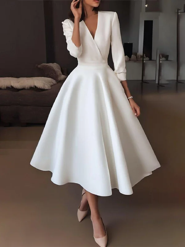 A-Line/Princess V Neck Half Sleeve Tea Length Satin Wedding Dress With Draping Off-shoulder Gown