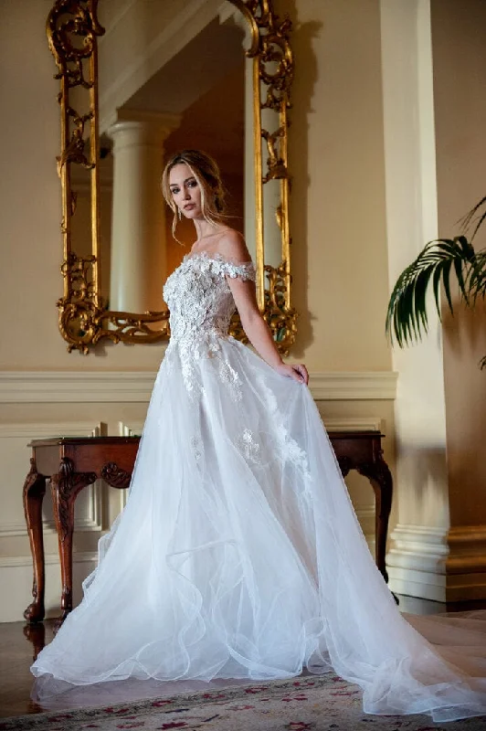 Layered Tulle - A-Line Ball Gown Wedding Dress Off-the-Shoulder Sleeves, White Classic Bridal Gown