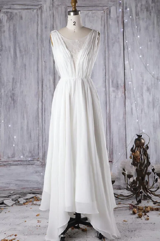 Affordable A-line Asymmetric Lace Chiffon Open Back Wedding Dress Strapless Bridal Dress