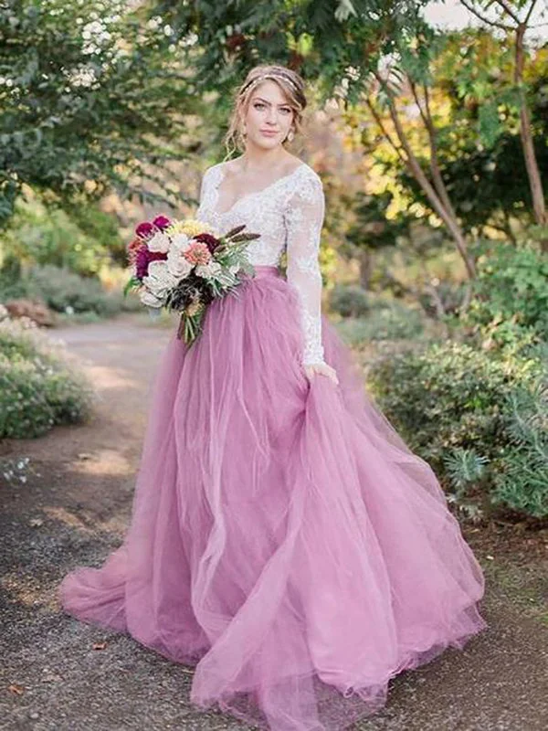 A-Line V-Neck Long Sleeves Pink Tulle Wedding Dresses with Lace Appliques , WDS0114 Classic Bridal Dress