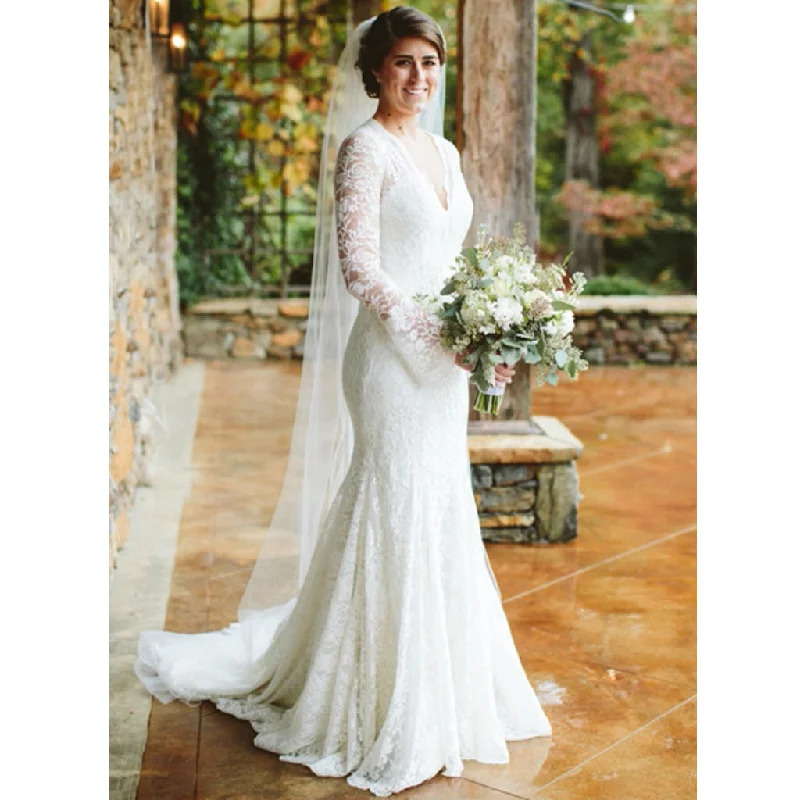 Charming Lace Long Sleeve V-Neck Mermaid Long Wedding Dresses, FC1656 Wedding Dress Set