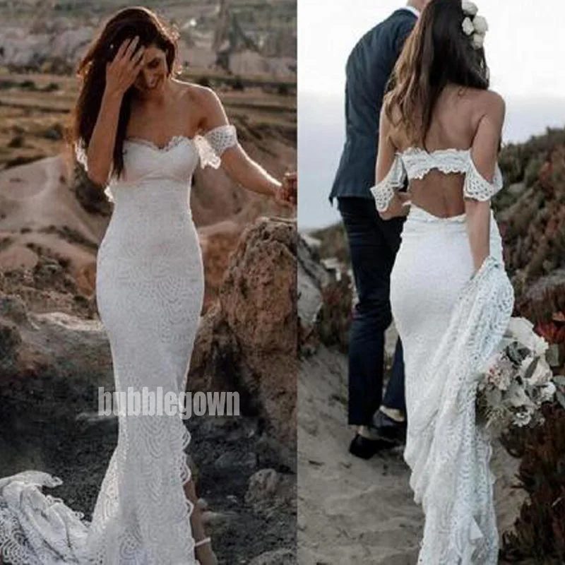 Charming Off-shoulder Mermaid Lace Wedding Dresses, BGH073 Boho Wedding Gown