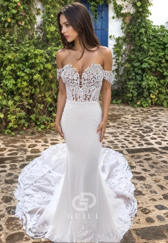 Mermaid Off Shoulder Sleeveless Appliques Wedding Dress with Train Elegant Bridal Gown