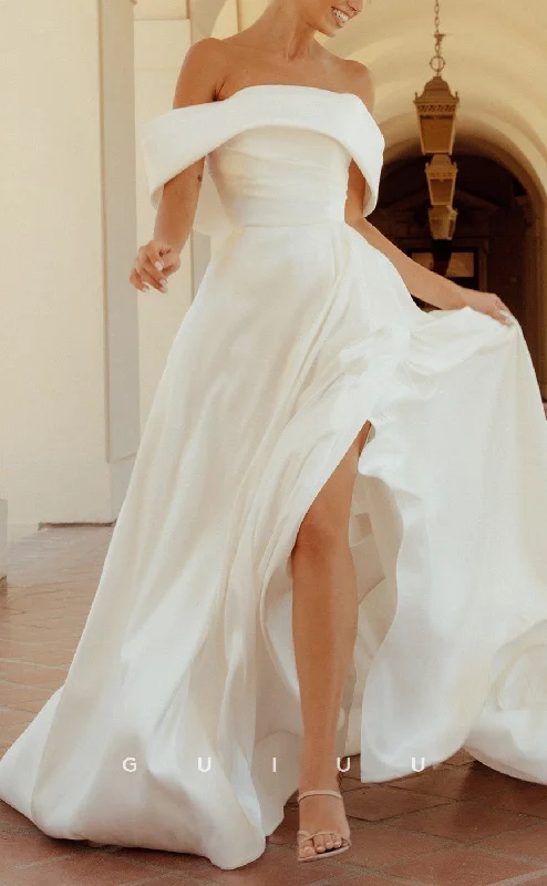 GW1024 - A-Line Off Shoulder Pleated High Side Slit Stain Wedding Dress with Train