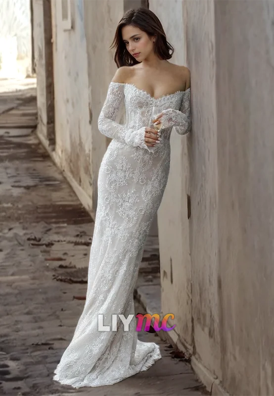 LW726 - Off-Shoulder Long Sleeves Lace Appliques Mermaid Wedding Dress Sexy Wedding Dress