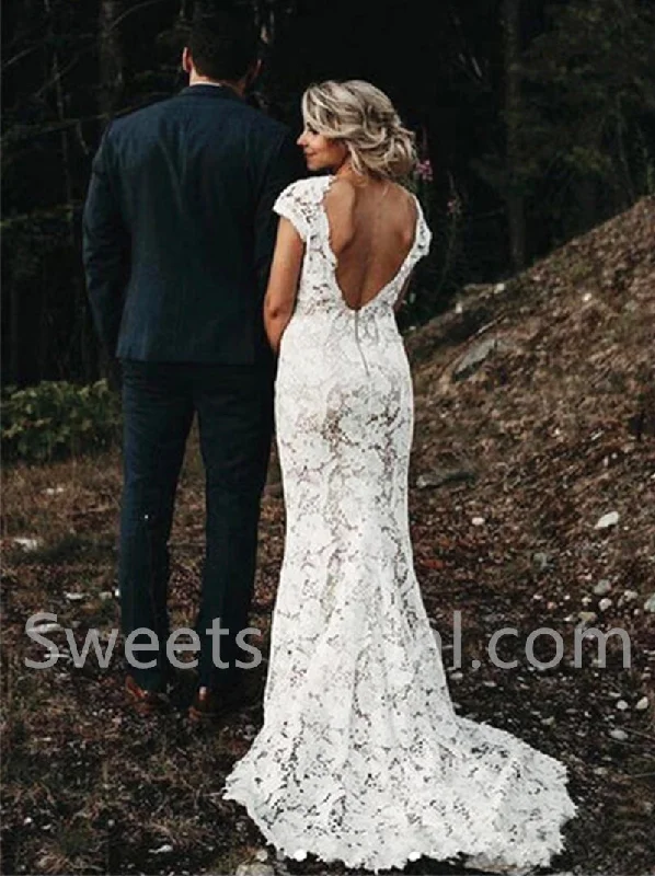 Elegant Cap sleeves V-neck Mermaid lace applique Wedding Dresses,DB0280 Full Length Gown