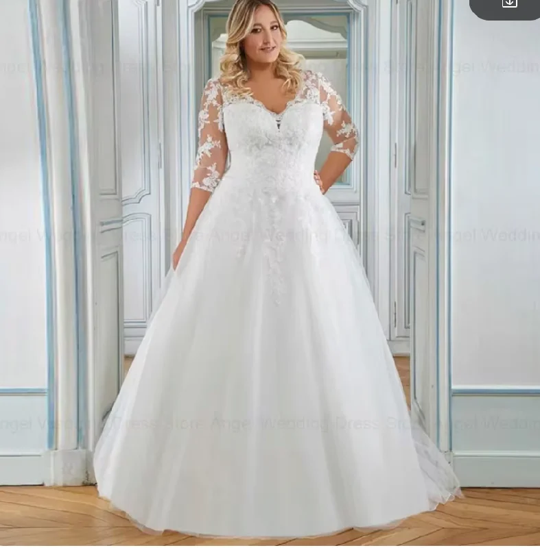 Elegant Plus Size Wedding Dress Lace 3/4 Sleeve A Line  Bridal Gown Floral Wedding Gown