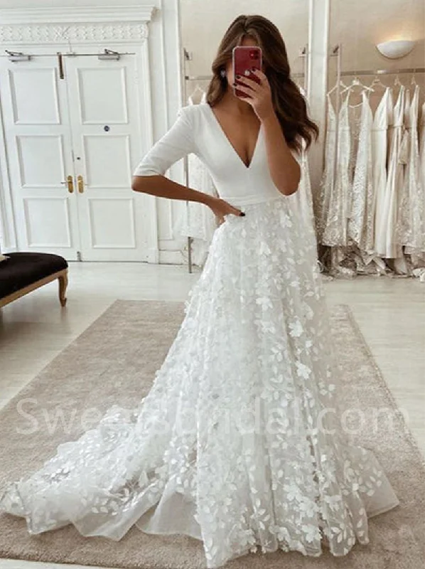 Elegant V-neck Long sleeves A-line Lace applique Wedding Dresses,DB0292 Elegant Lace Gown