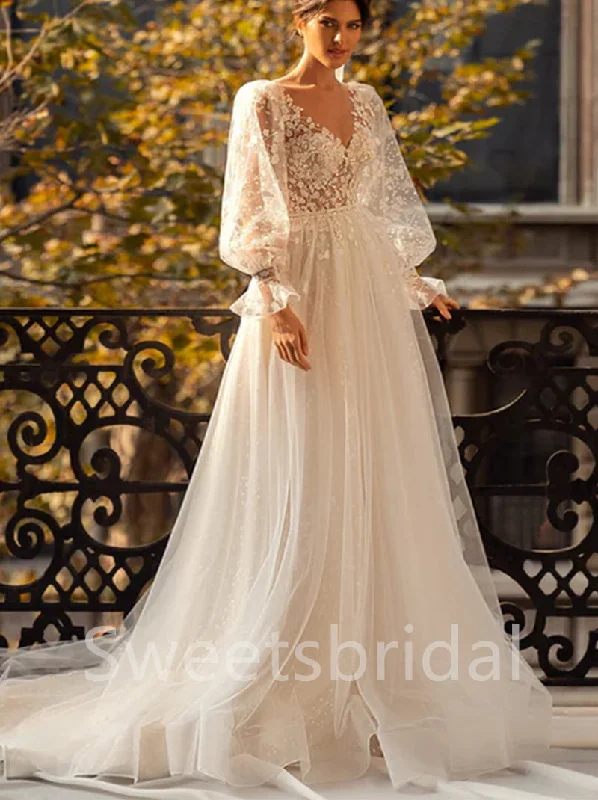 Elegant V-neck Long sleeves A-line Lace applique Wedding Dresses,DB0299 Glamorous Wedding Dress