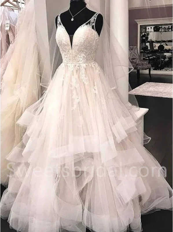 Elegant V-neck Sleeveless A-line lace applique Wedding Dresses,DB0279 Luxury Lace Gown