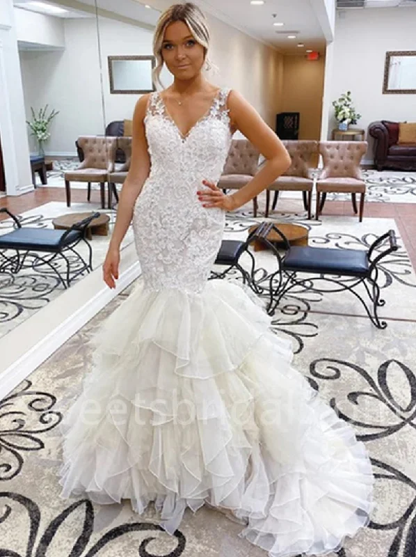 Elegant V-neck Sleeveless Mermaid lace applique Wedding Dresses,DB0278 Ruffle Wedding Gown