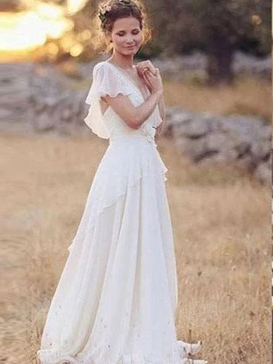 Flowy Flounce Sleeve Chiffon Beach Wedding Dresses With Appliques Lace Boho Dress