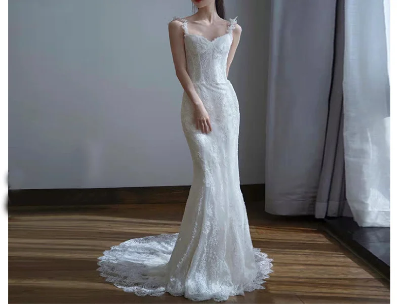 French Style Sheath Lace Fishtail Bridal Wear Wedding Dresses with Straps Ruffled Wedding Dress