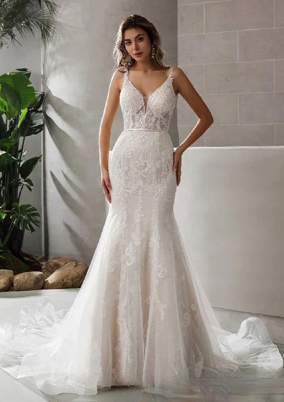 Geometric Lace Fit and Flare Bridal Gown With Sheer Train Simple Satin Gown