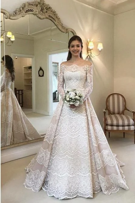 lace appliqué wedding dresses for bride boat neck long sleeve elegant cheap wedding gowns 2021 Beautiful Bridal Gown