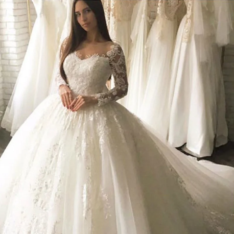 Charming Long Sleeve A-Line Lace Elegant Applique Ball Gown Wedding Dress, FC1633 Chic Wedding Gown