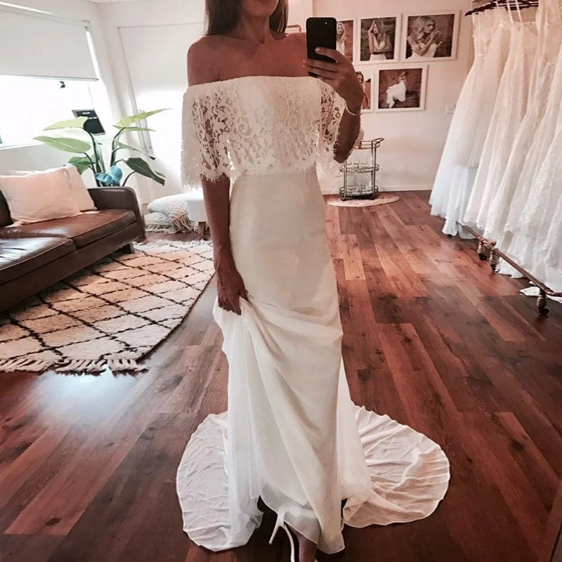 Off Shoulder Chiffon Cheap Bridal Dress, Gorgeous Lace Sheath Bridal Dress, LB0796 Simple Wedding Dress