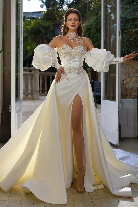 Mermaid Wedding Dress Sweetheart Detachable Sleeves Overskirt With Slit Empire Waist Gown