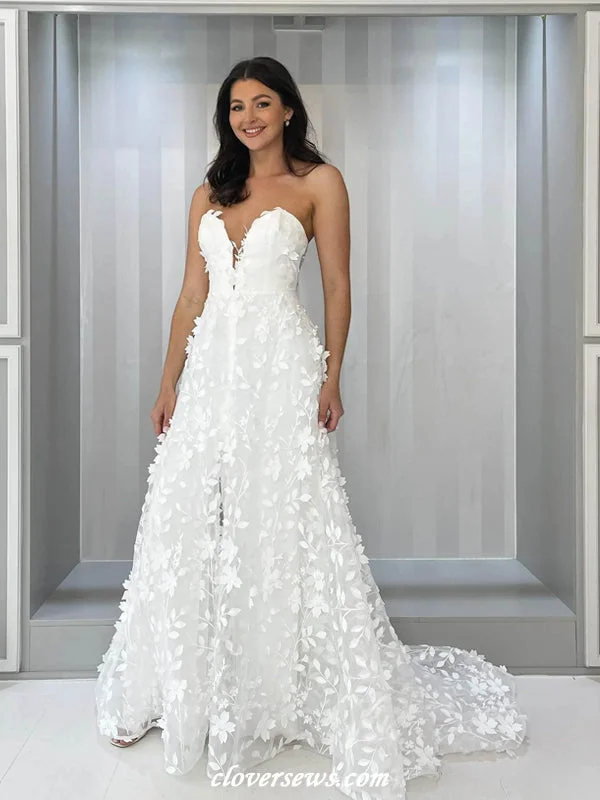 Mismatched White 3D Leafy Lace A-line Wedding Dresses, CW0403 Illusion Lace Gown