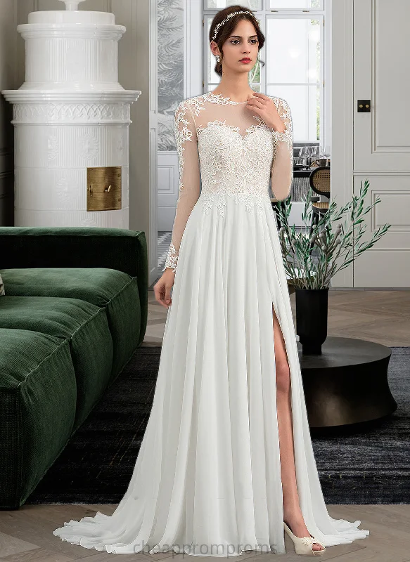 Patsy A-Line Illusion Sweep Train Chiffon Wedding Dress With Appliques Lace Split Front STIP0013793 Modern Lace Gown