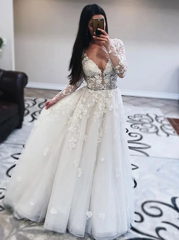 Princess V-Neck Long Sleeves V-Back Tulle Wedding Dresses With Lace Appliques Luxury Wedding Dress