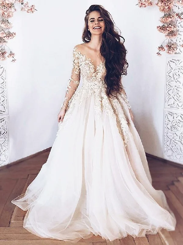 Round Neck Long Sleeves Lace Wedding Dresses, Long Sleeves Lace Prom Formal Graduation Dresses,DS1762 Beautiful Lace Gown