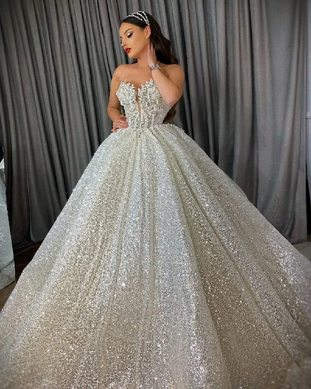 Strapless Sparkling Sequins Wedding Dress Shiny Beads Sleeveless Floor Length Custom Made Backless Bridal Gowns Vestido De Novia Mermaid Style Gown