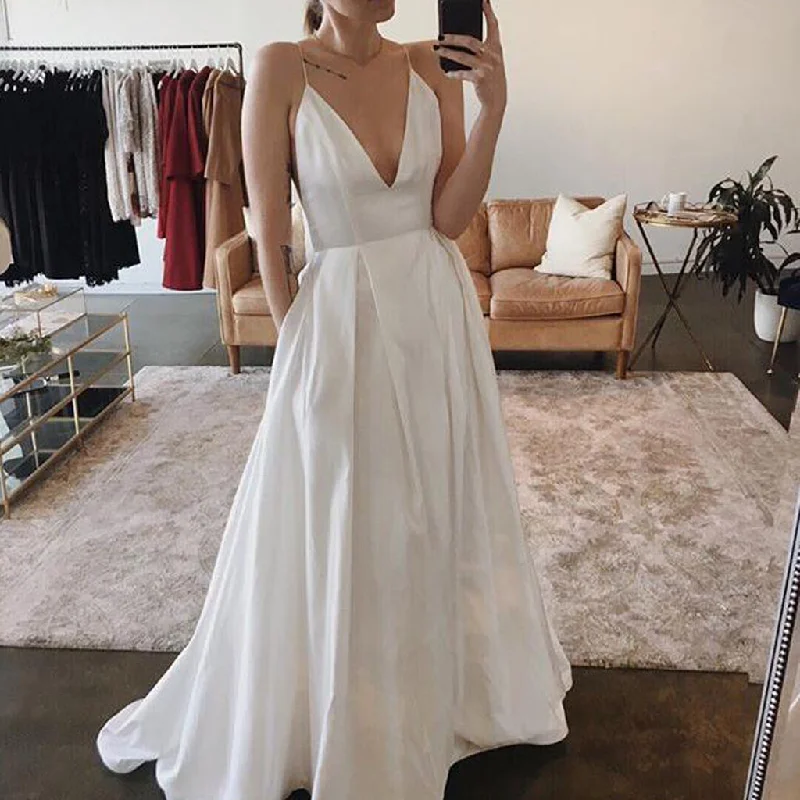 Cheap Spaghetti Straps V-Neck Wedding Dresses, Charming A-Line Satin Backless Dresses, KX1008 Chic Bridal Gown