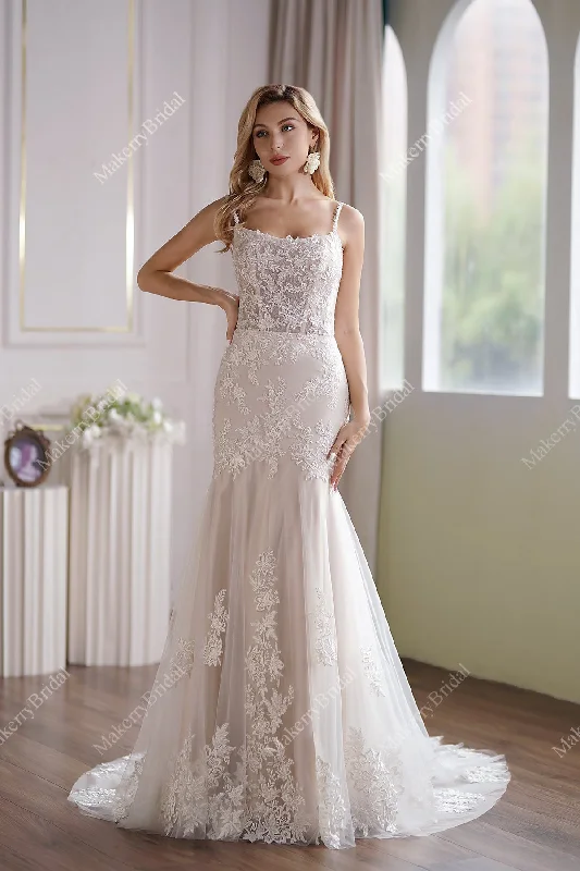 This Tulle Mermaid Bridal Gown Has A Subtle Scoop Neckline And A Sheer Back Classic Bridal Dress