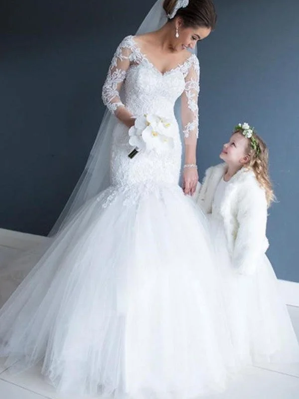 Trumpet/Mermaid V-neck Tulle Lace 3/4 Sleeves Court Train Wedding Dresses Empire Waist Dress