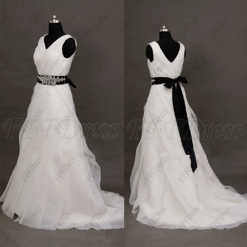 V Neck Plus SIze wedding dresses with beaded black sash Sparkling Wedding Dress