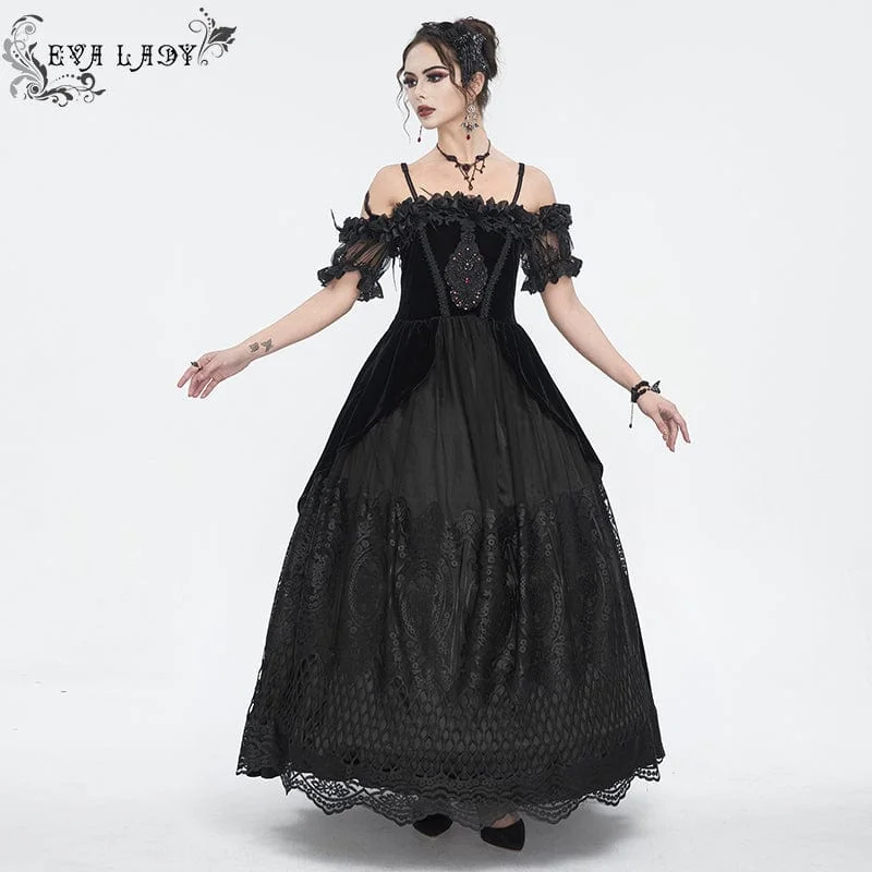 Women's Gothic Off Shoulder Rose Beaded Velvet Black Wedding Dress Lace Back Wedding