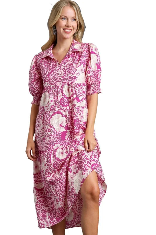 Abstract Print Midi Dress, Magenta