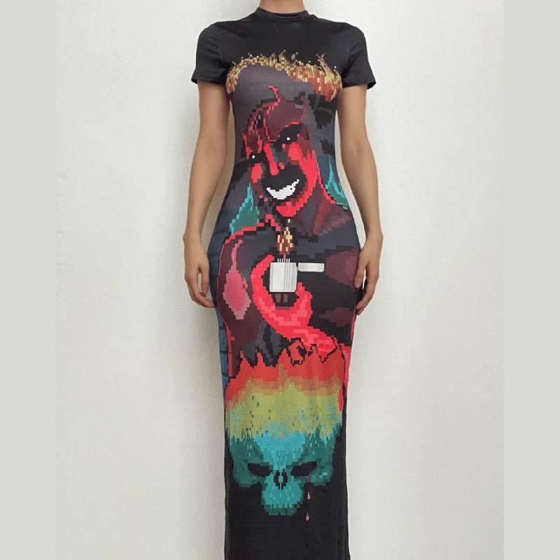 Abstract short sleeve backless contrast midi dress