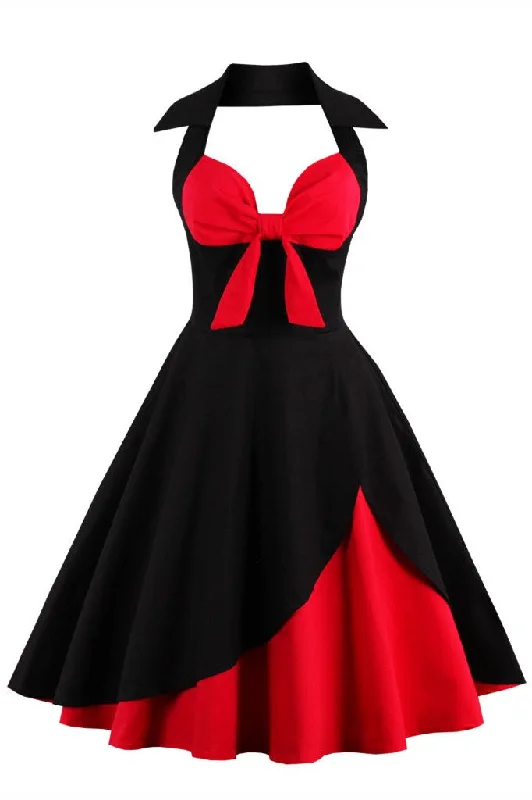 Black and Red Halter Bow-Front A-Line Midi Dress