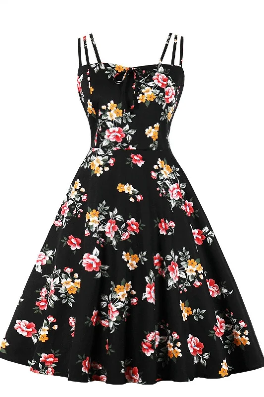 Black Print Spaghetti Strap A-Line Midi Dress