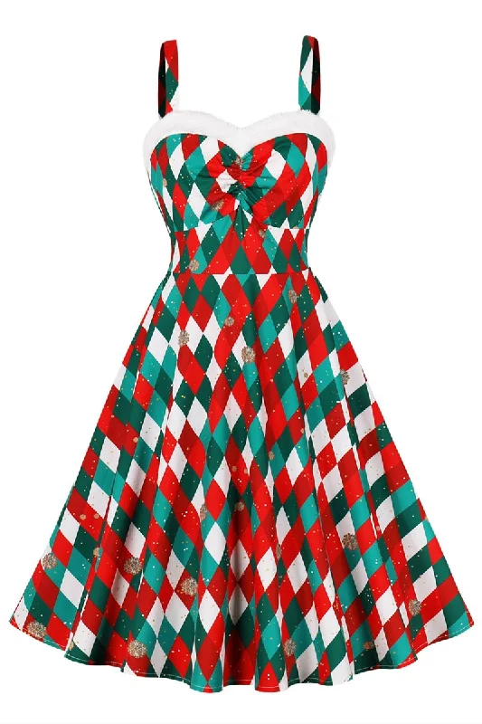 Christmas Gingham Fur Strap A-Line Midi Dress