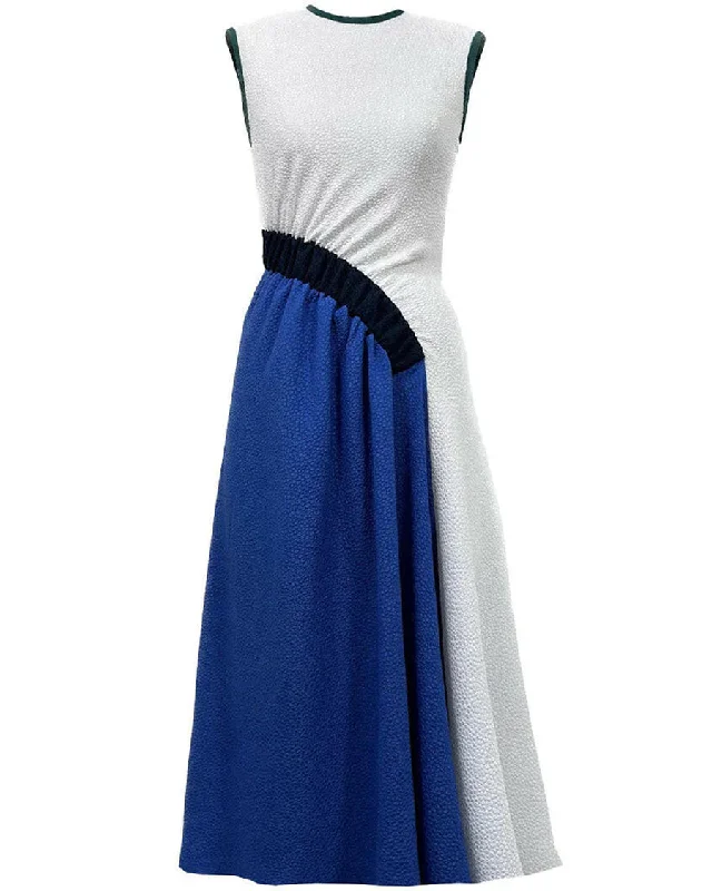 Blue and White Bubble Jacquard Pina Midi Dress