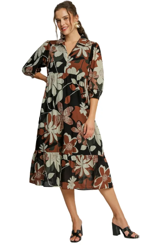 Floral Abstract Tiered Midi Dress, Rust