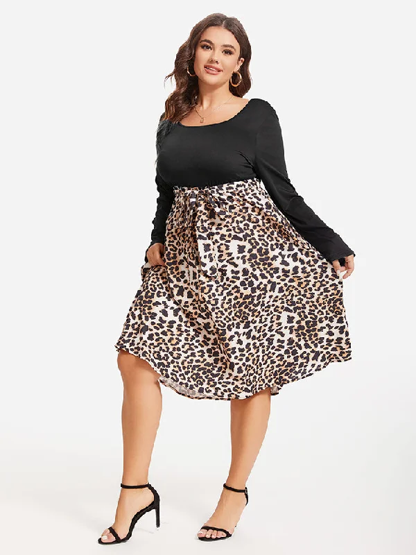 Leopard Print Square Neck Belted Midi Dress