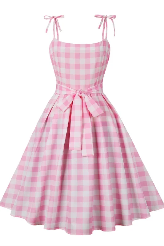 Pink Gingham Bow Strap Tie-Front A-Line Midi Dress