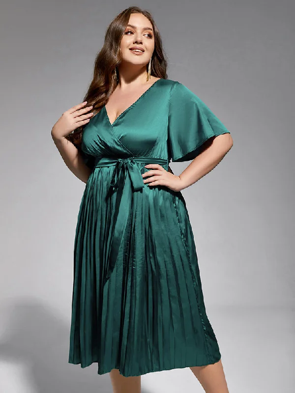 Plus Green Ruffle Sleeve Elastic Waist Midi Dress