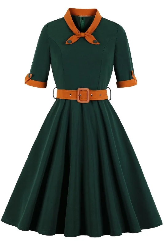 Plus Size 1950s Lapel Half Sleeve A-Line Midi Dress with Belt