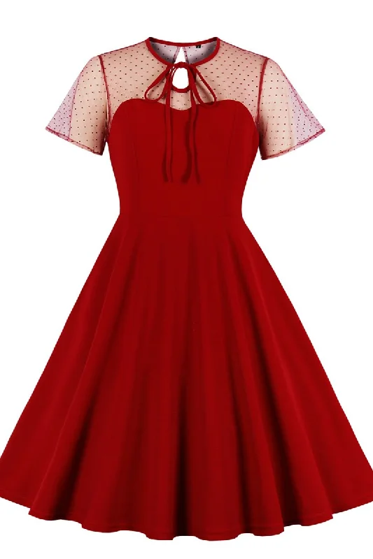 Red Polka Dot Keyhole Back A-Line Midi Dress with Short Sleeves