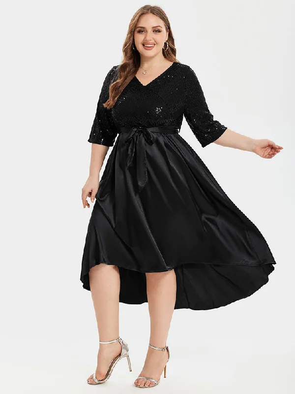 Contrast Sequin Satin Tie Front High Low Midi Dress